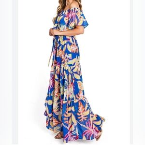 Royal Blue Floral Printed Off Shoulder Dress